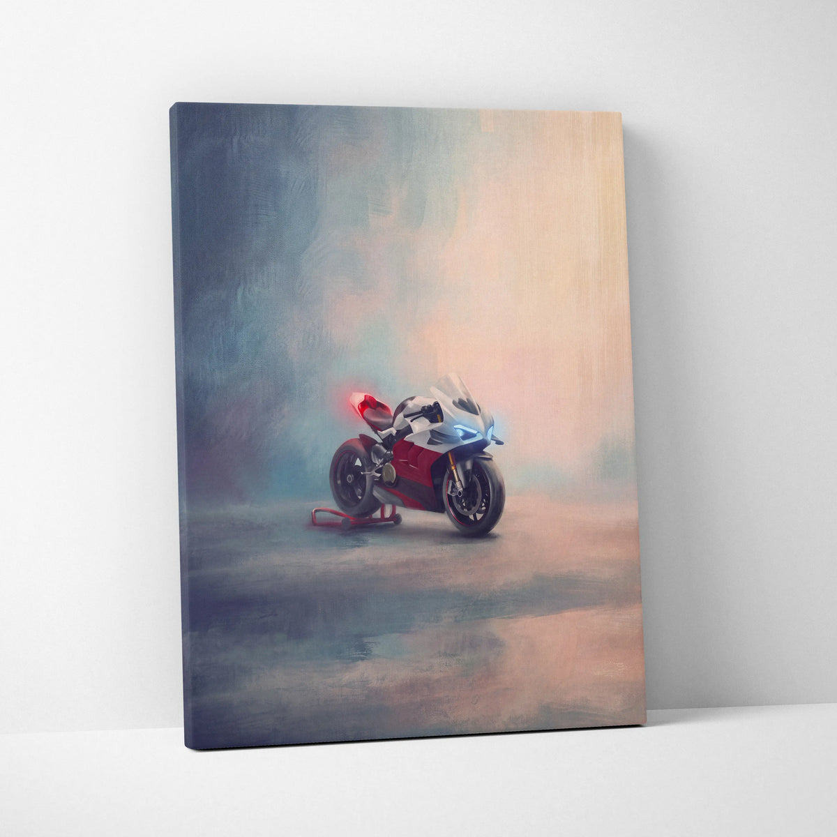 A vibrant red and white Ducati Panigale V4 inspired canvas art with misty atmosphere for track superbike wall decor