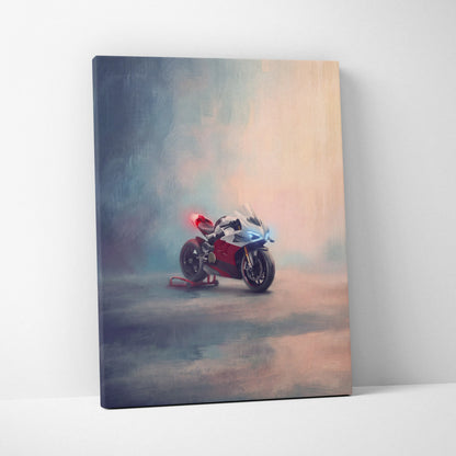 A vibrant red and white Ducati Panigale V4 inspired canvas art with misty atmosphere for track superbike wall decor