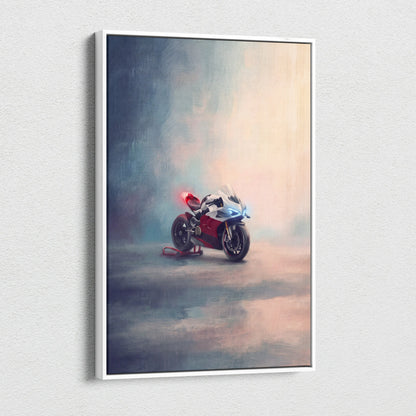 A framed canvas print of a red and white Ducati Panigale V4 with glowing blue headlights on a misty track backdrop