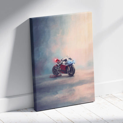 A vibrant red and blue Ducati Panigale V4 inspired motorcycle painting on stretched canvas for garage decor
