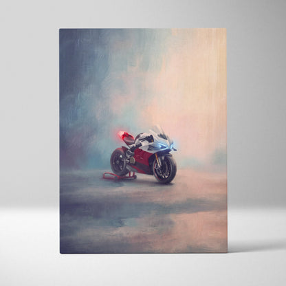 A sleek white and red ducati panigale v4 canvas art with glowing blue headlights for track superbike wall decor