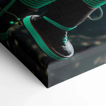 Back of black sci-fi canvas print with teal-trimmed sandals accents