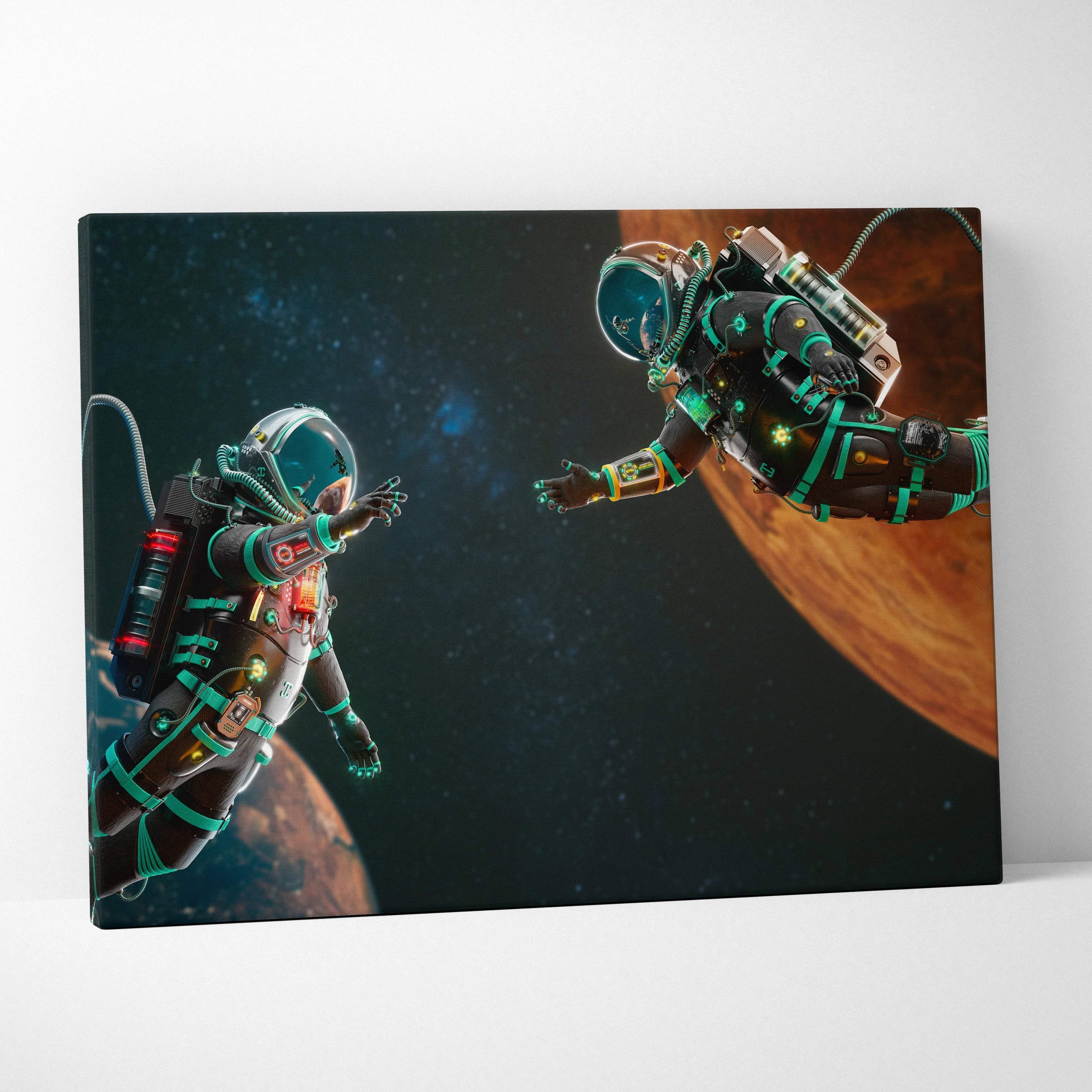 Cinematic sci-fi canvas art of two astronauts drifting between Earth and Mars