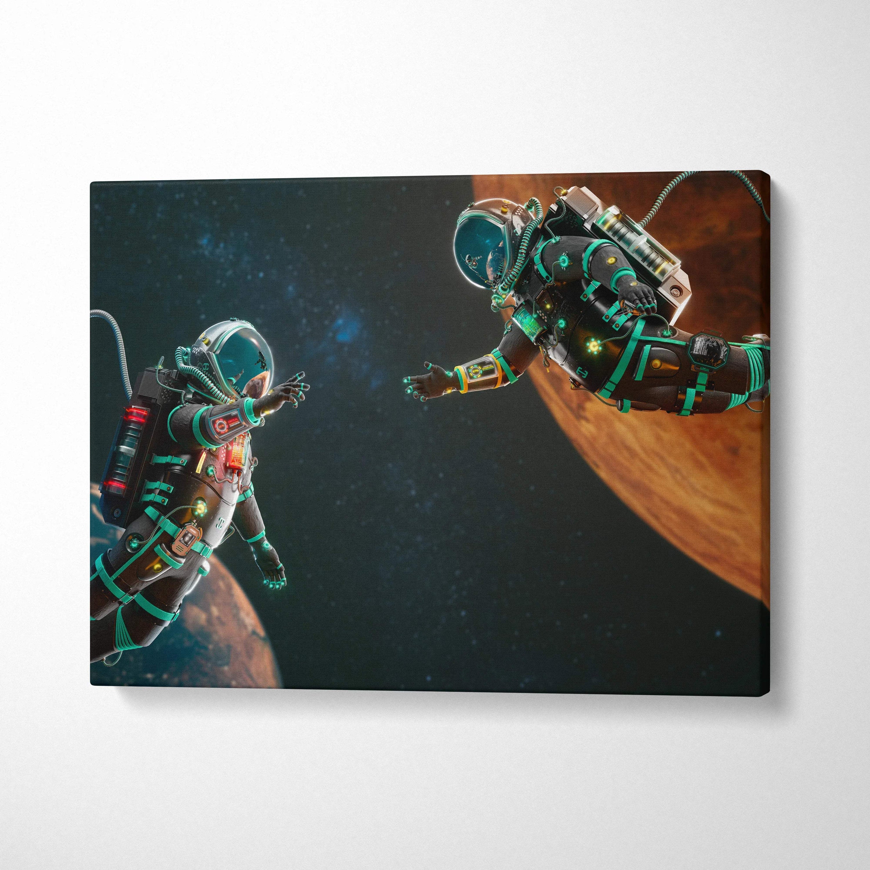 Cinematic sci-fi canvas art of two astronauts drifting between Earth and Mars with teal neon accents