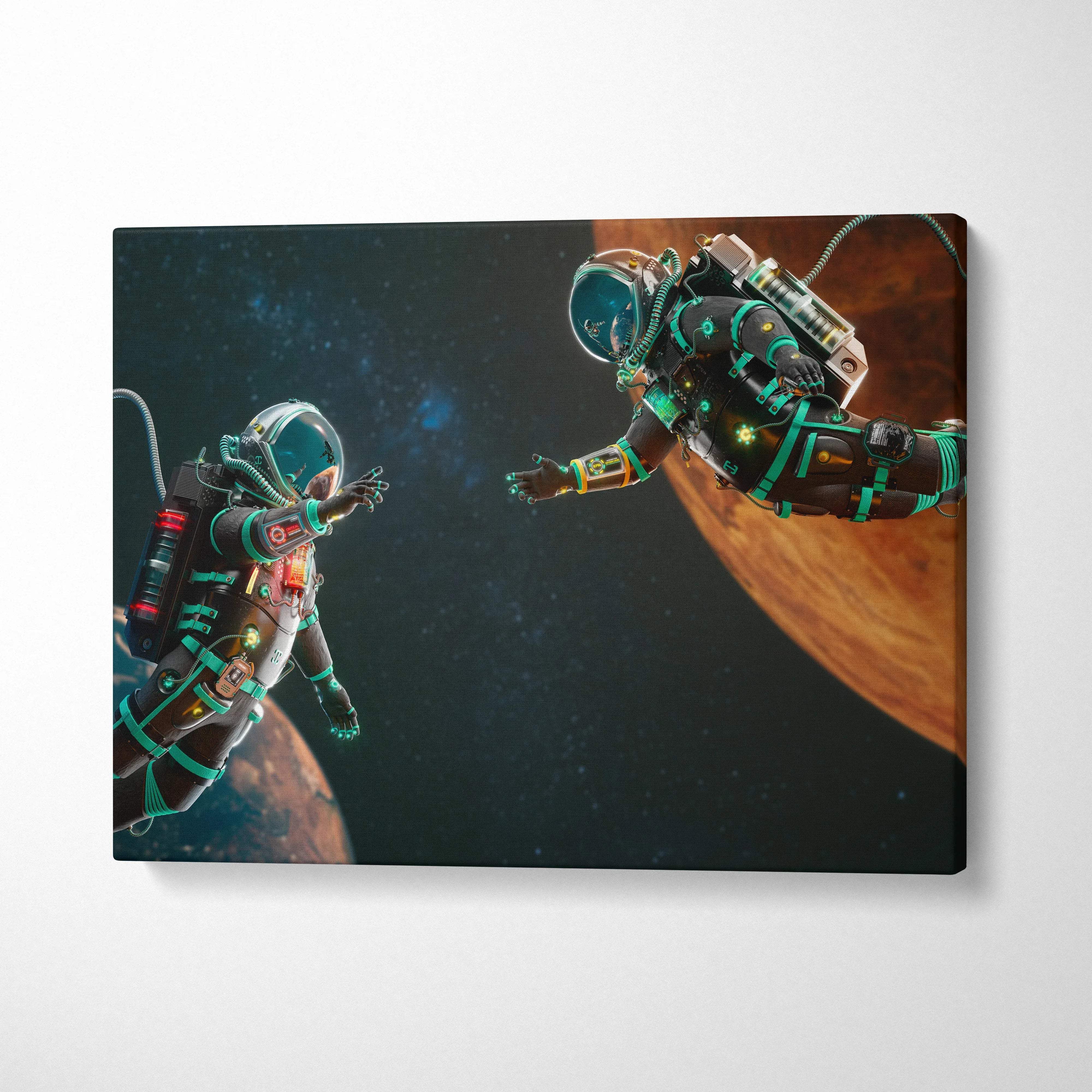 Cinematic sci-fi canvas art of two astronauts drifting between Earth and Mars with teal neon accents