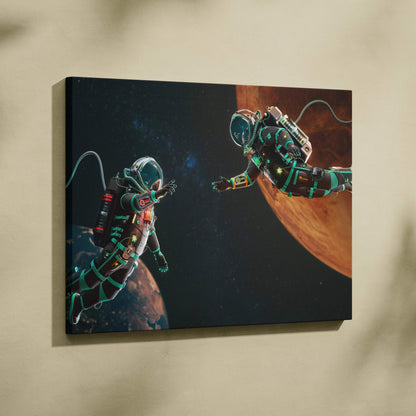 Cinematic sci-fi canvas art of two astronauts drifting between Earth and Mars with teal neon accents