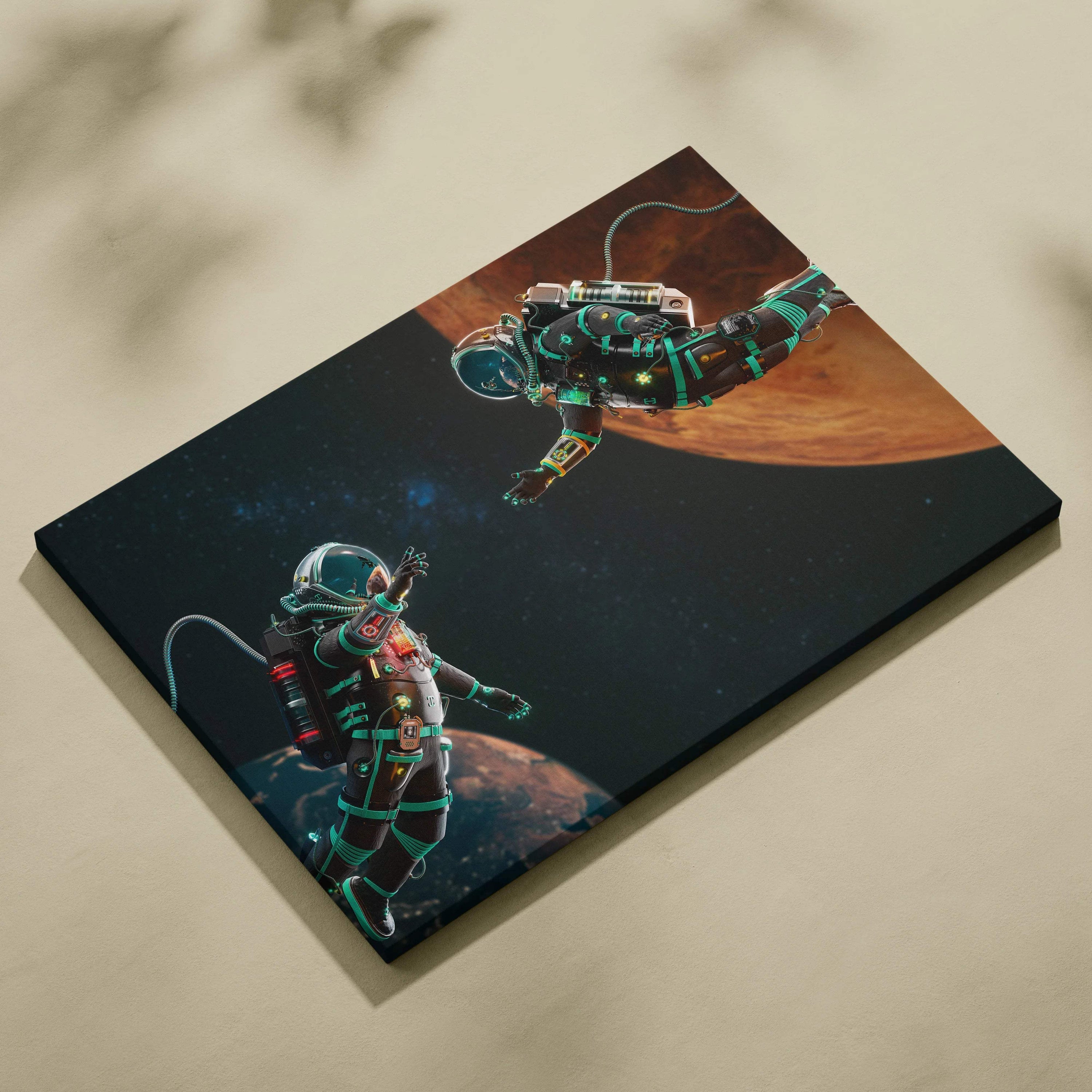 Black canvas print of two teal-accented astronauts drifting between Earth and Mars, one waving