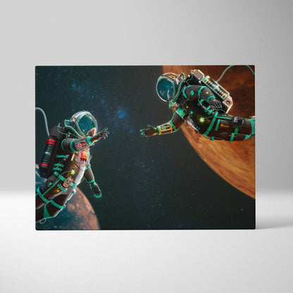Cinematic sci-fi canvas art of two astronauts drifting between Earth and Mars with teal neon accents