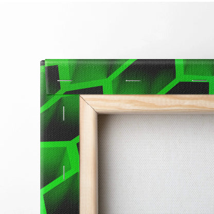 Abstract hexagon honeycomb 3D neon gradient purple blue green canvas print in light wood frame