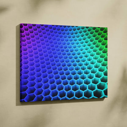 Abstract 3D hexagon honeycomb canvas wall art with neon purple to green gradient