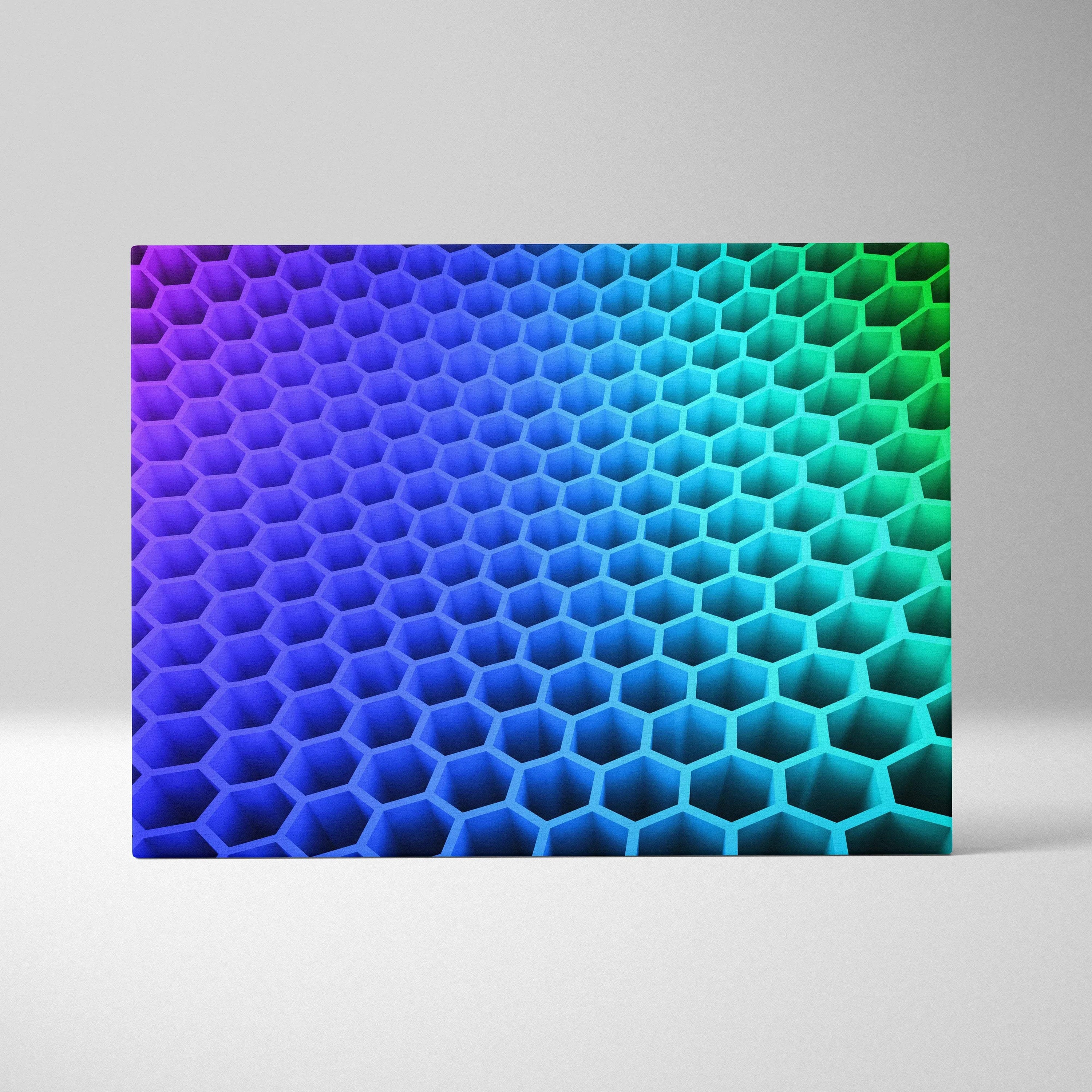 Abstract hexagon honeycomb 3D neon gradient purple to green canvas wall art