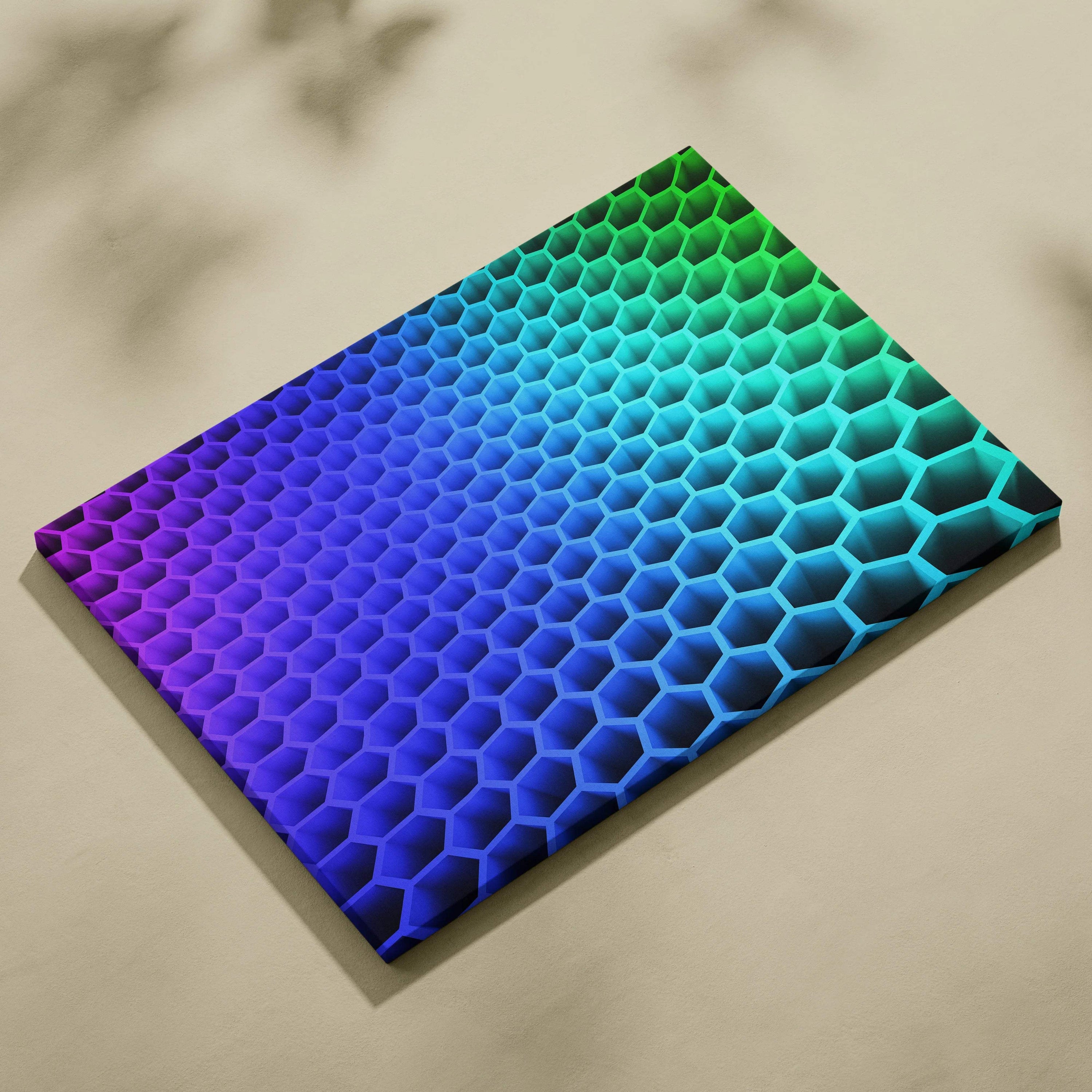 Abstract 3D hexagon honeycomb neon gradient purple to green canvas wall art