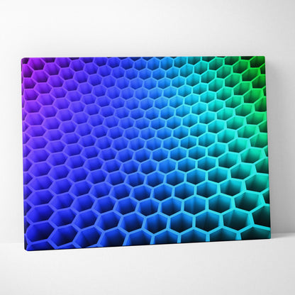 Abstract hexagon honeycomb 3D neon gradient purple blue green canvas wall art