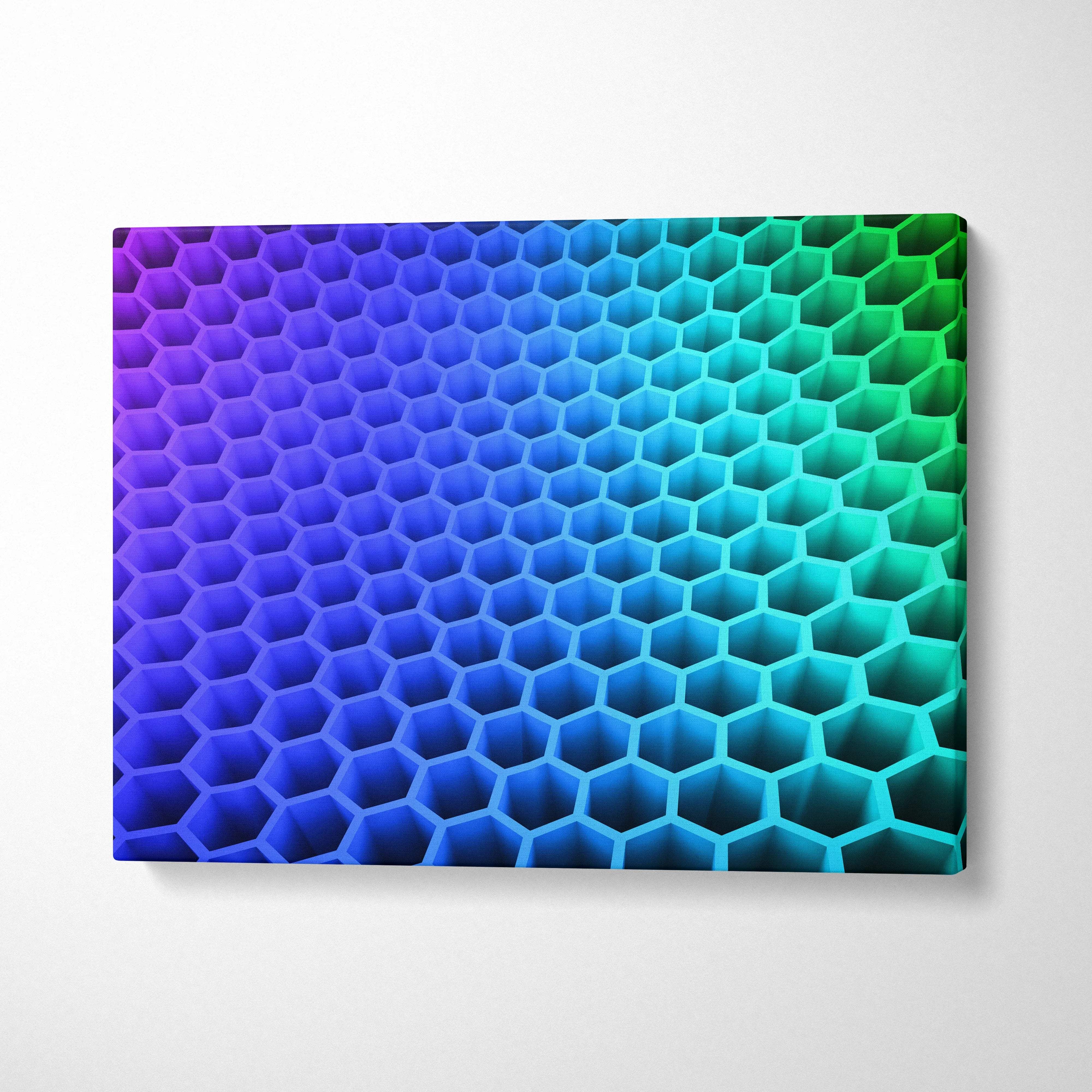 Abstract hexagon honeycomb 3D neon gradient purple to green canvas print