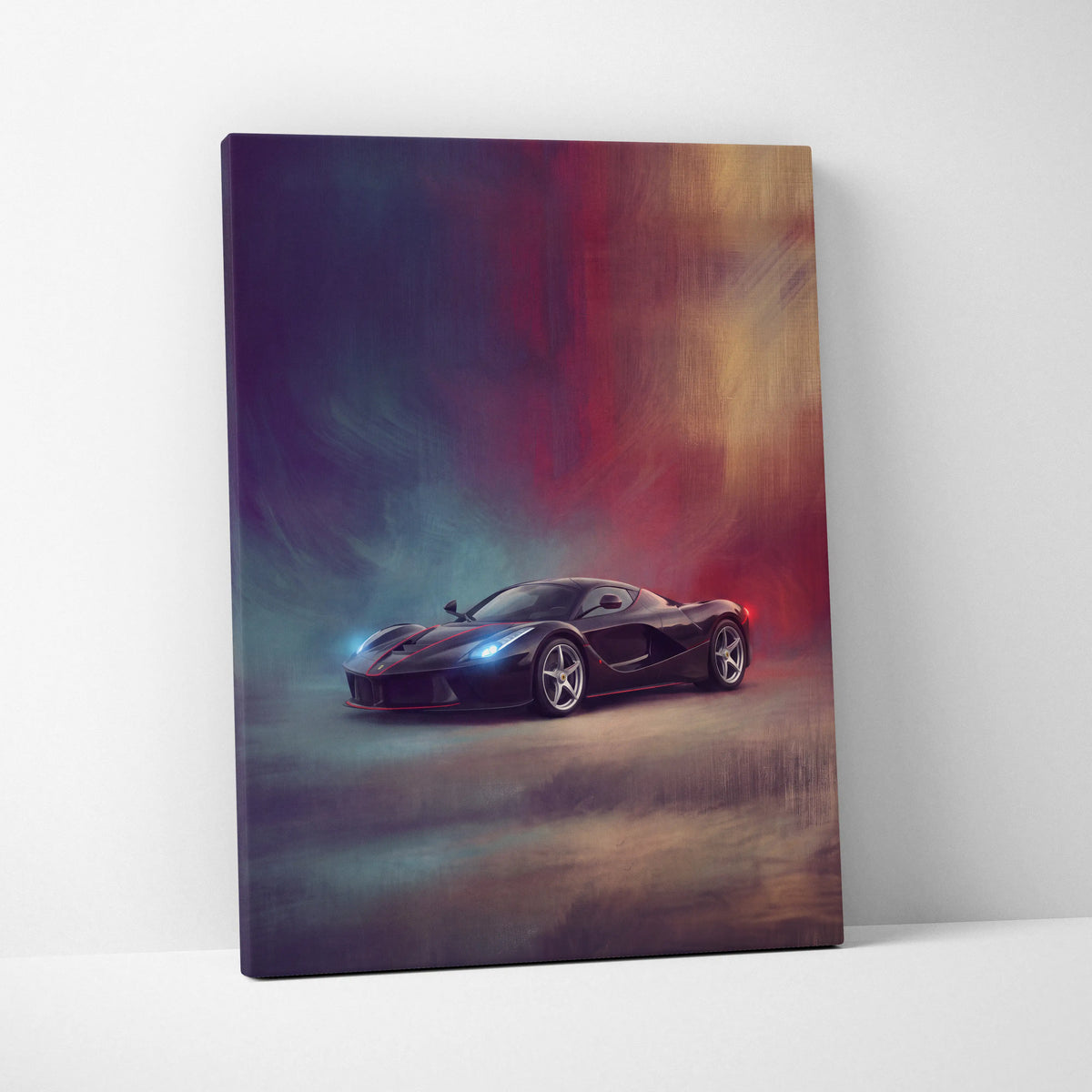 Black Ferrari LaFerrari luxury supercar canvas print with glowing blue headlights and red taillights on vibrant background