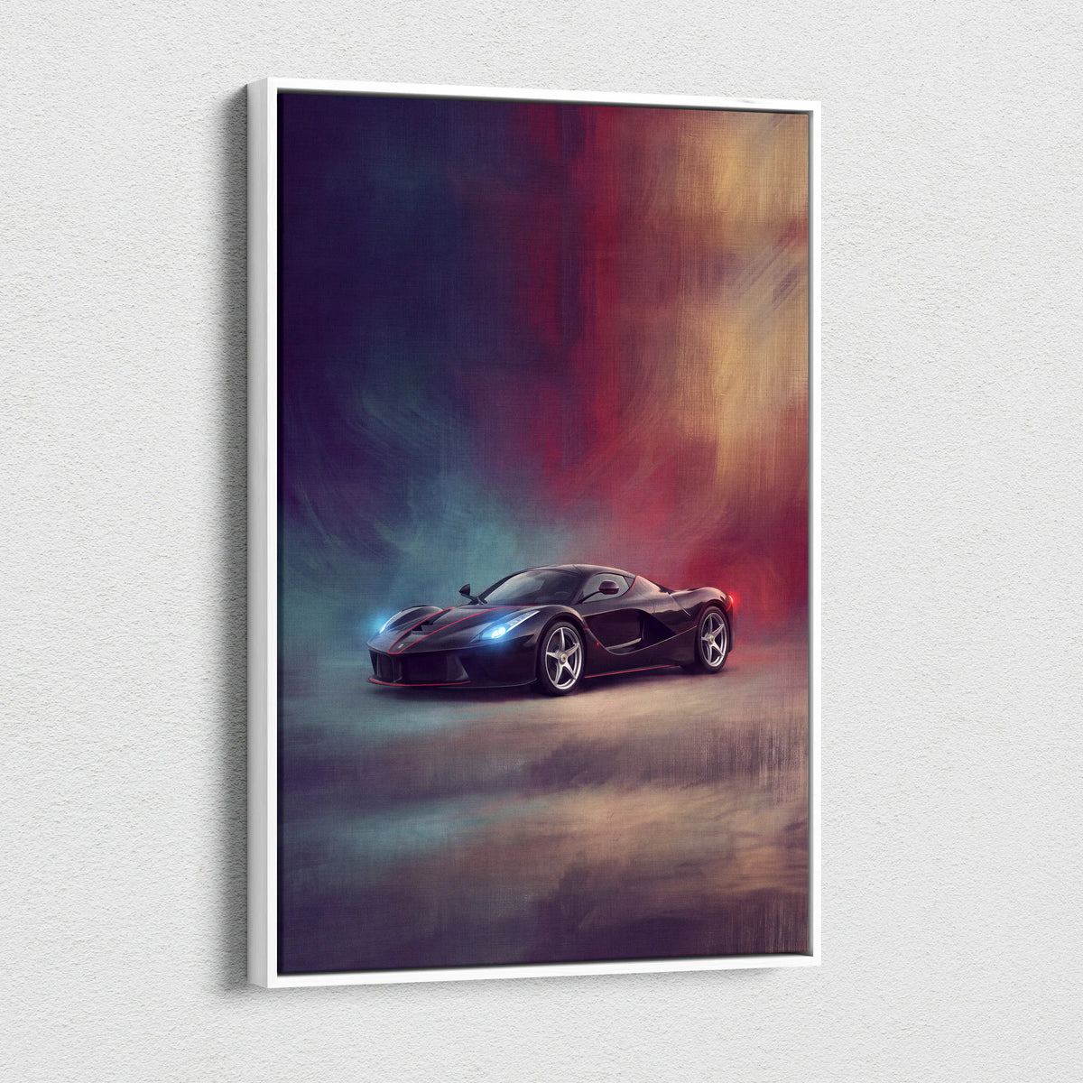 Black Ferrari LaFerrari sports car canvas print with glowing blue headlights and dramatic red and blue background