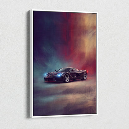 Black Ferrari LaFerrari sports car canvas print with glowing blue headlights and dramatic red and blue background