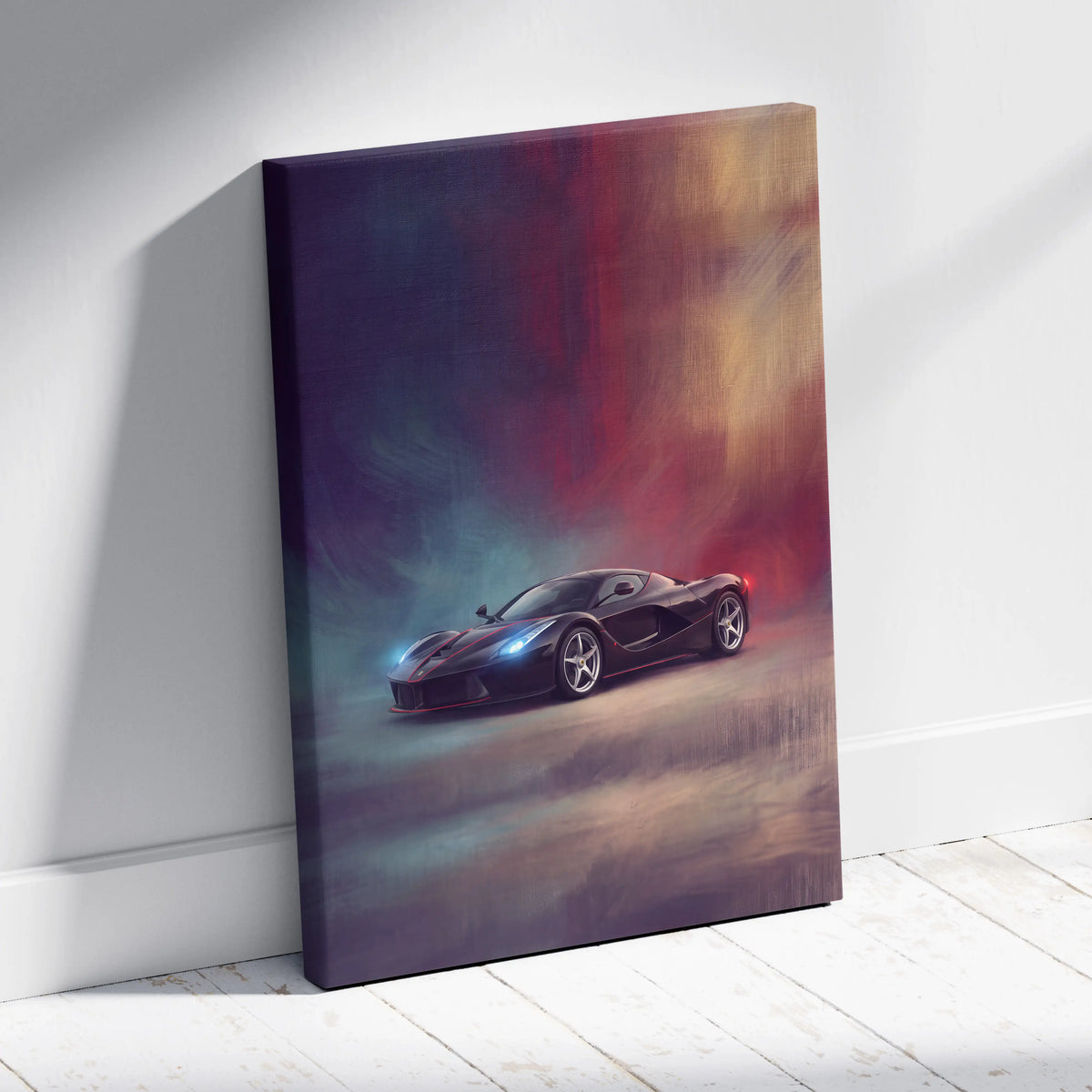 A sleek black Ferrari LaFerrari sports car canvas print with glowing blue headlights on a red purple gold abstract background