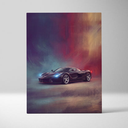 Black Ferrari LaFerrari sports car with glowing blue headlights in a stylized painting on luxury canvas wall art