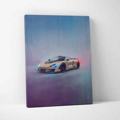 Mclaren 765lt inspired supercar canvas art featuring a sleek gold sports car with glowing blue headlights on teal background