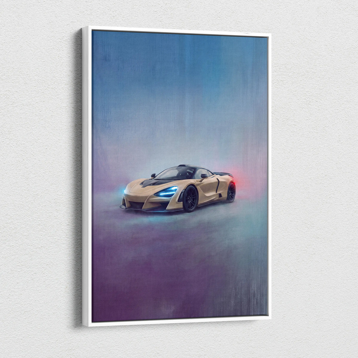 A sleek beige McLaren 765LT inspired supercar canvas art with glowing blue headlights and red taillights on a misty background