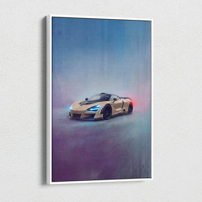 A sleek beige McLaren 765LT inspired supercar canvas art with glowing blue headlights and red taillights on a misty background