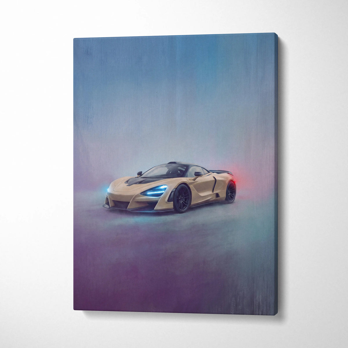A sleek gold McLaren 765LT sports car with glowing blue headlights and red taillights on canvas wall art print