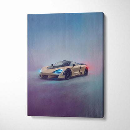 A sleek gold McLaren 765LT sports car with glowing blue headlights and red taillights on canvas wall art print