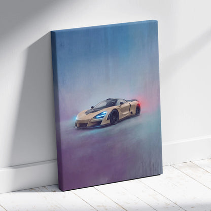 A canvas print of a gold mclaren 765lt sports car with blue headlights and red taillights on a purple teal background