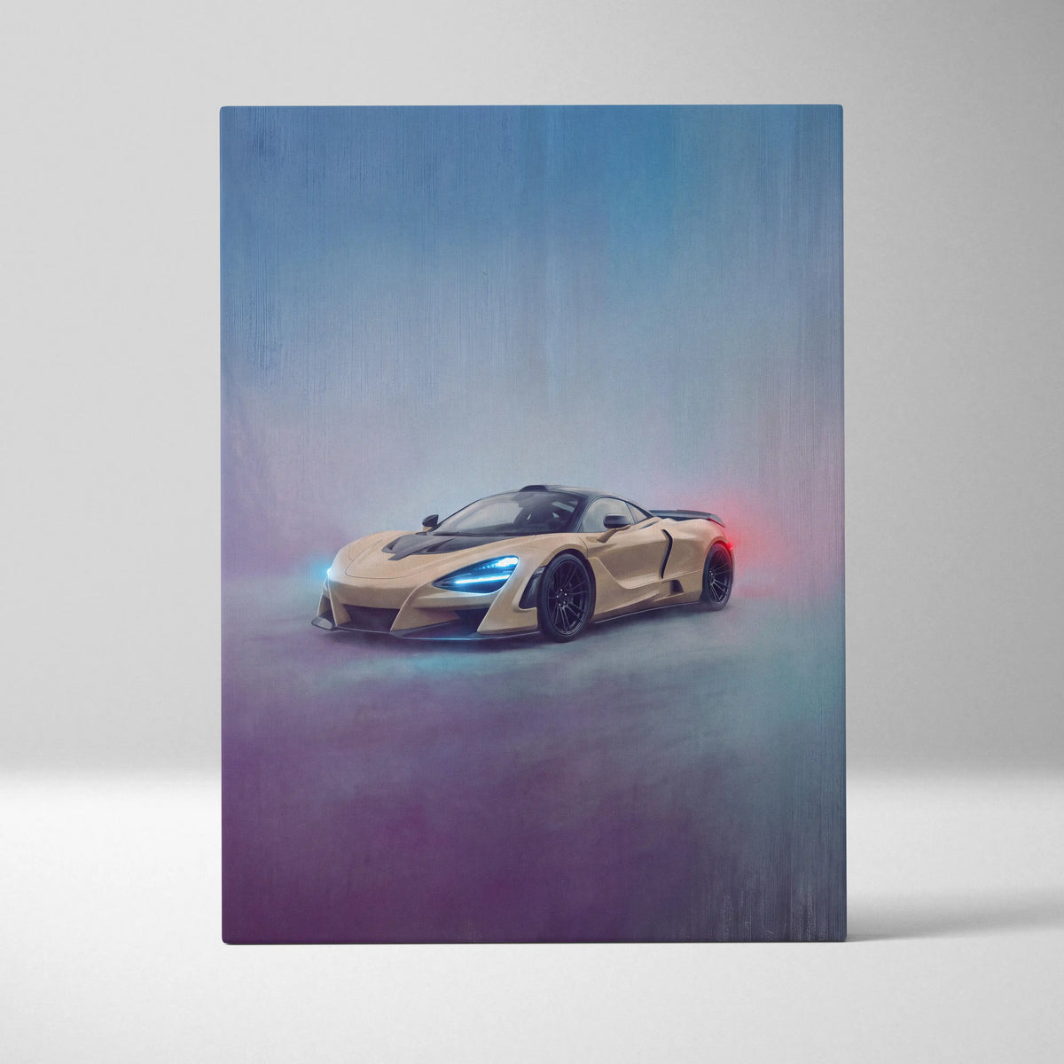 A sleek beige mclaren 765lt inspired supercar with glowing blue headlights on a custom canvas wall art print