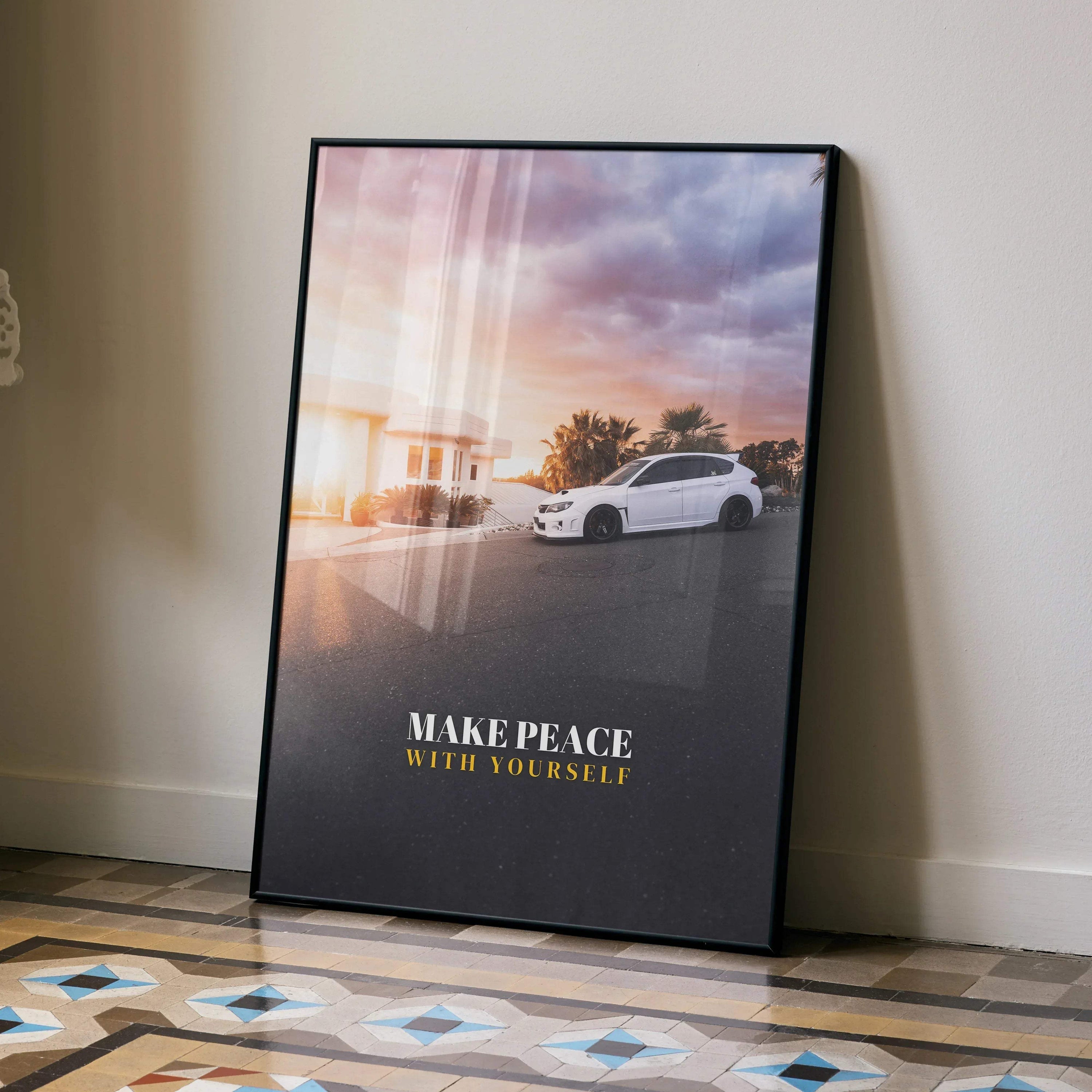 Subaru WRX STI white car poster with sunset background and "Make Peace with Yourself" wall art text.