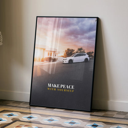 Subaru WRX STI white car poster with sunset background and "Make Peace with Yourself" wall art text.