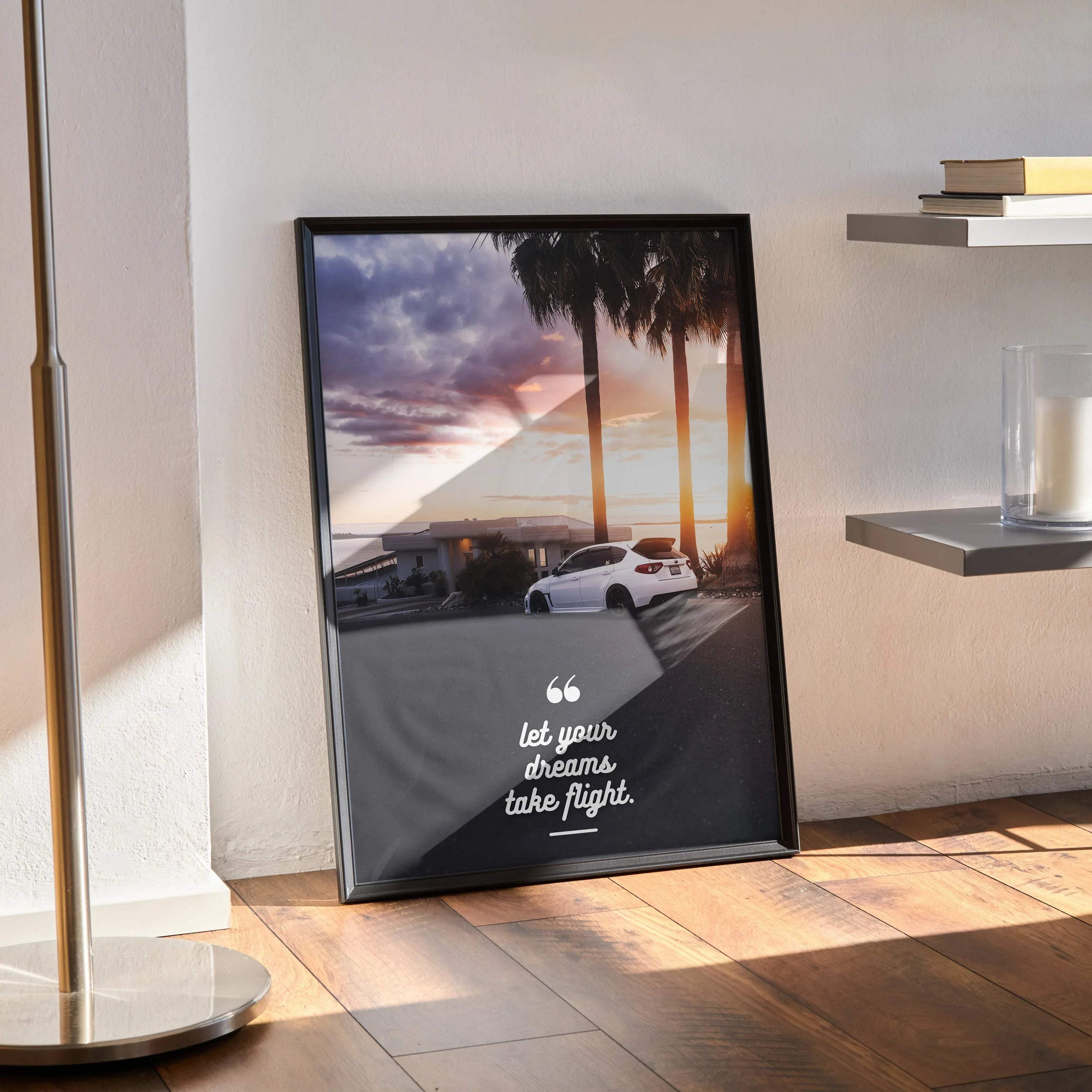 Subaru WRX STI motivational poster with sunset view and inspiring text for wall art.