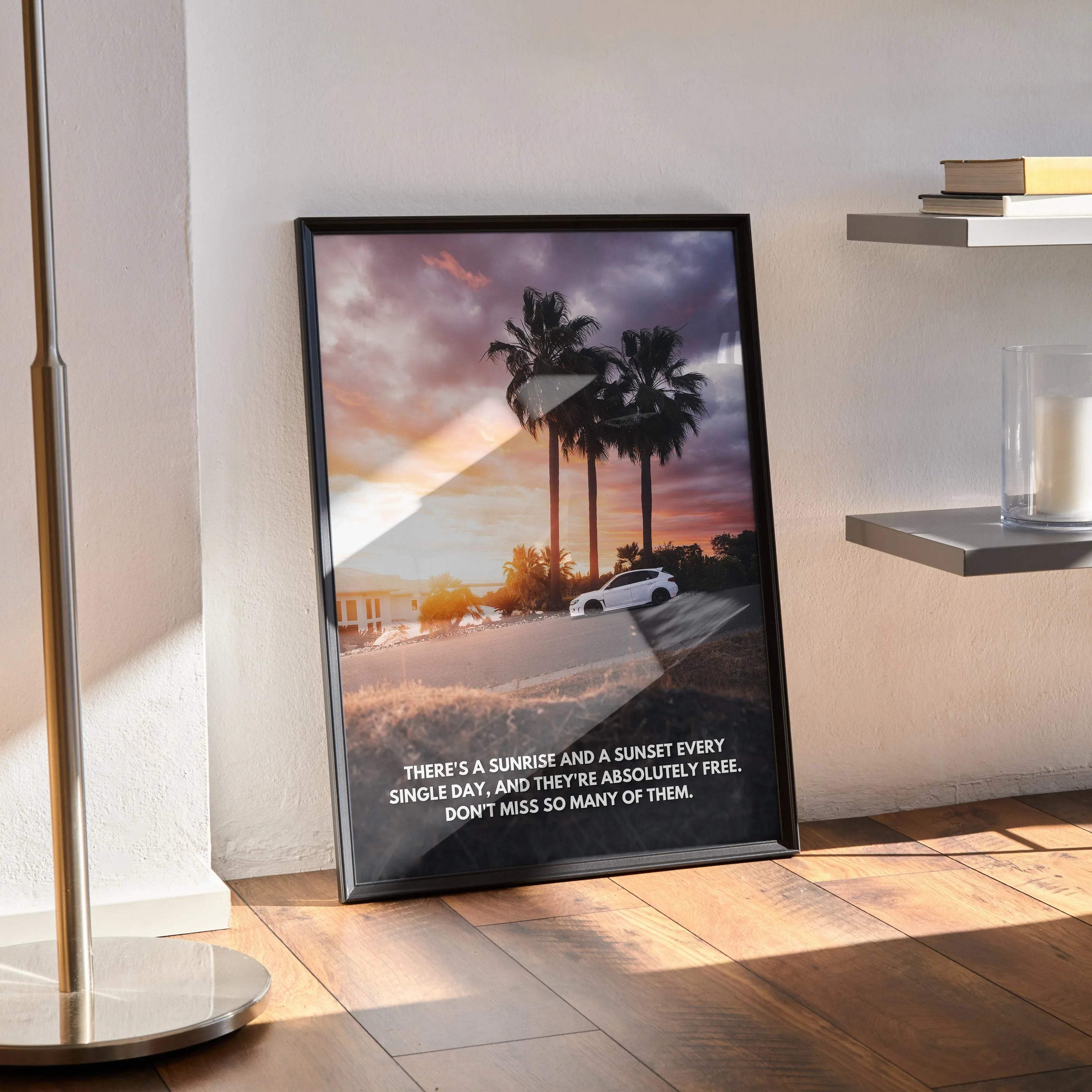 Motivational poster with Subaru WRX STI at sunset, palm trees, and inspiring text wall art.