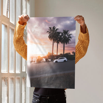 Subaru WRX STI poster with sunset and palm trees, vibrant automotive wall art.