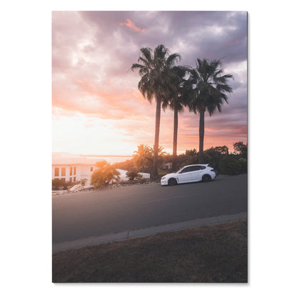 Subaru WRX STI car parked under palm trees at sunset poster wall art.