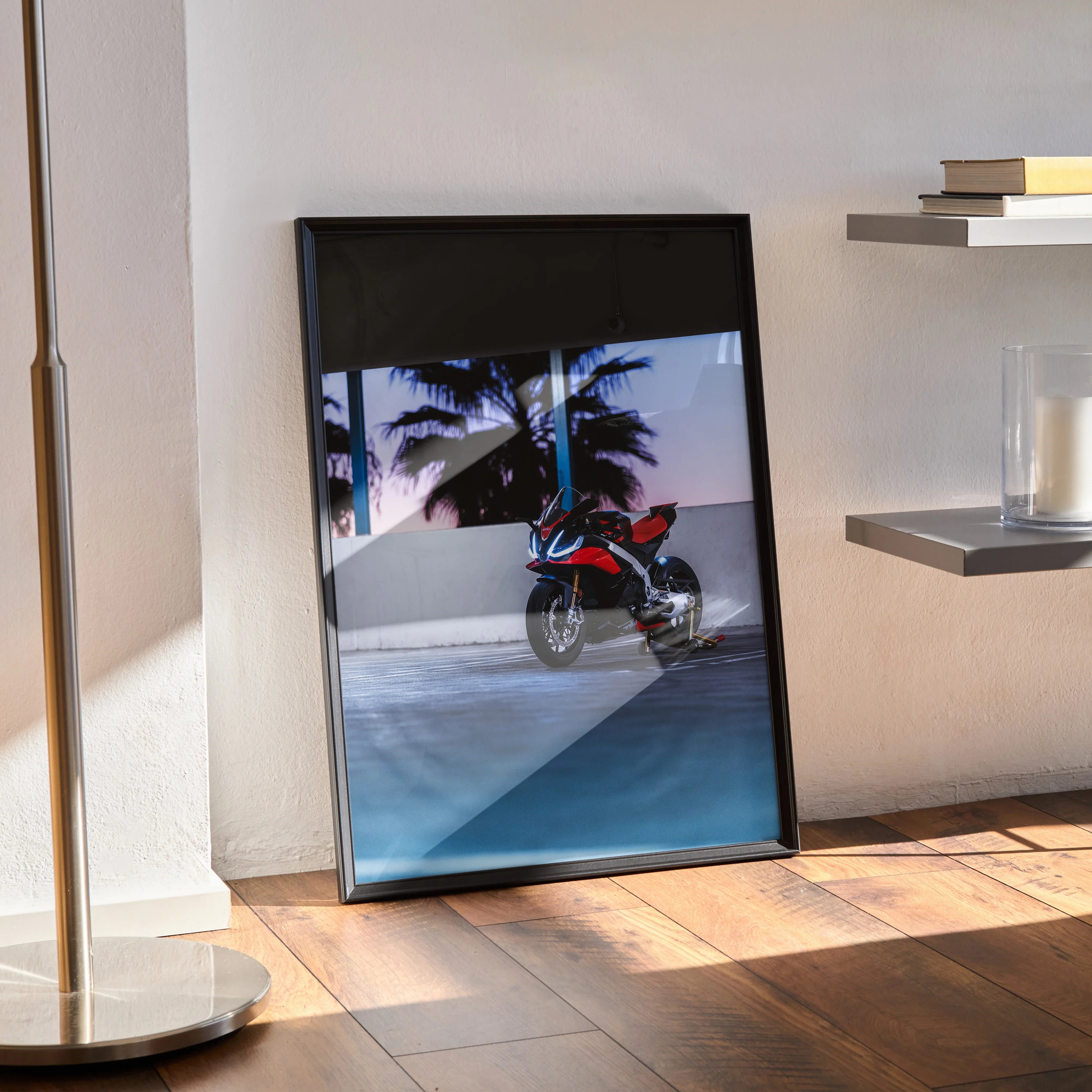 Aprilia RSV4 1100 Factory motorcycle poster with vibrant sunset colors, modern wall art in black frame.