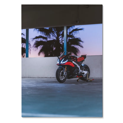 Aprilia RSV4 1100 Factory motorcycle poster with vibrant sunset and palm trees, wall art decor.