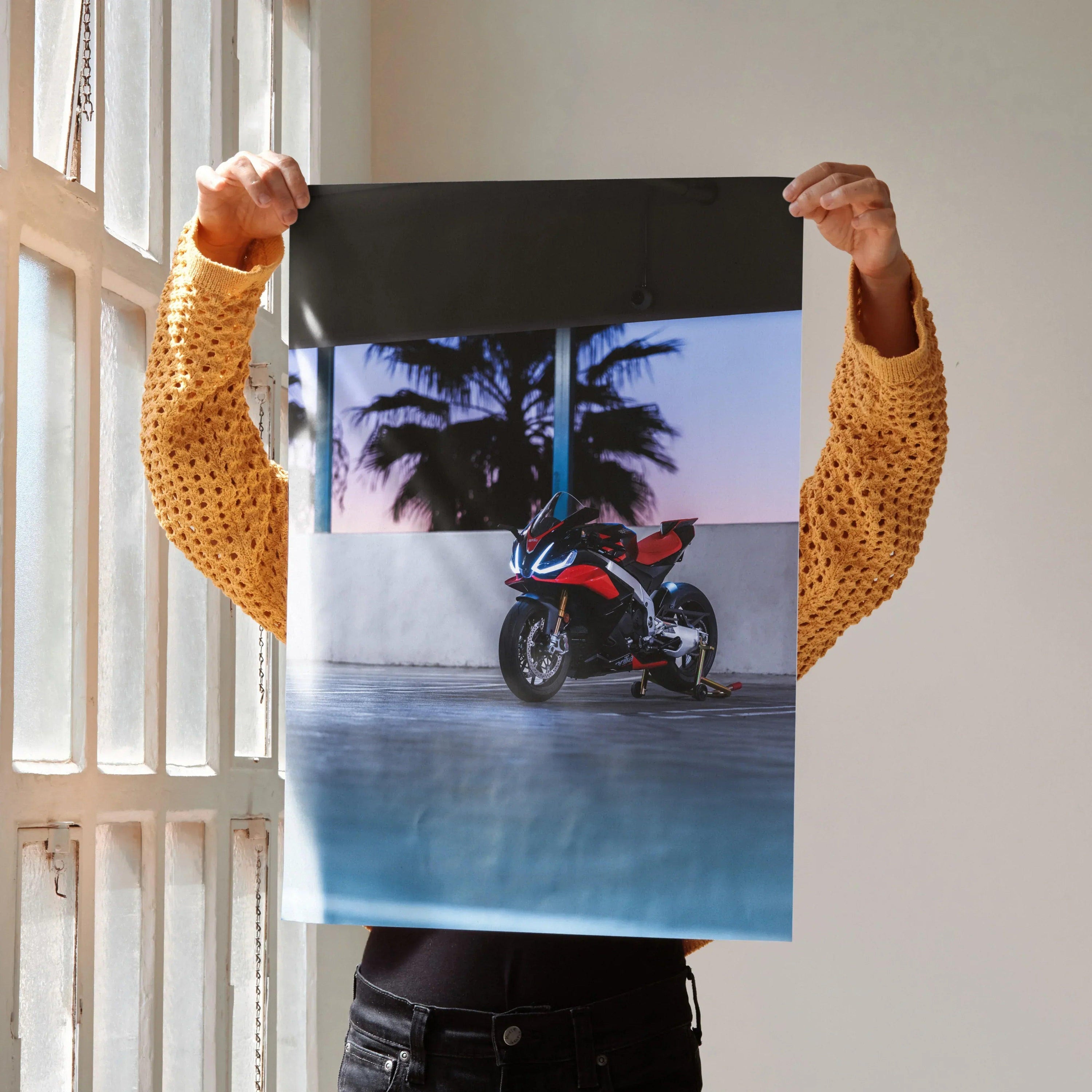 Aprilia RSV4 1100 Factory motorcycle poster with sunset and palm trees wall art.
