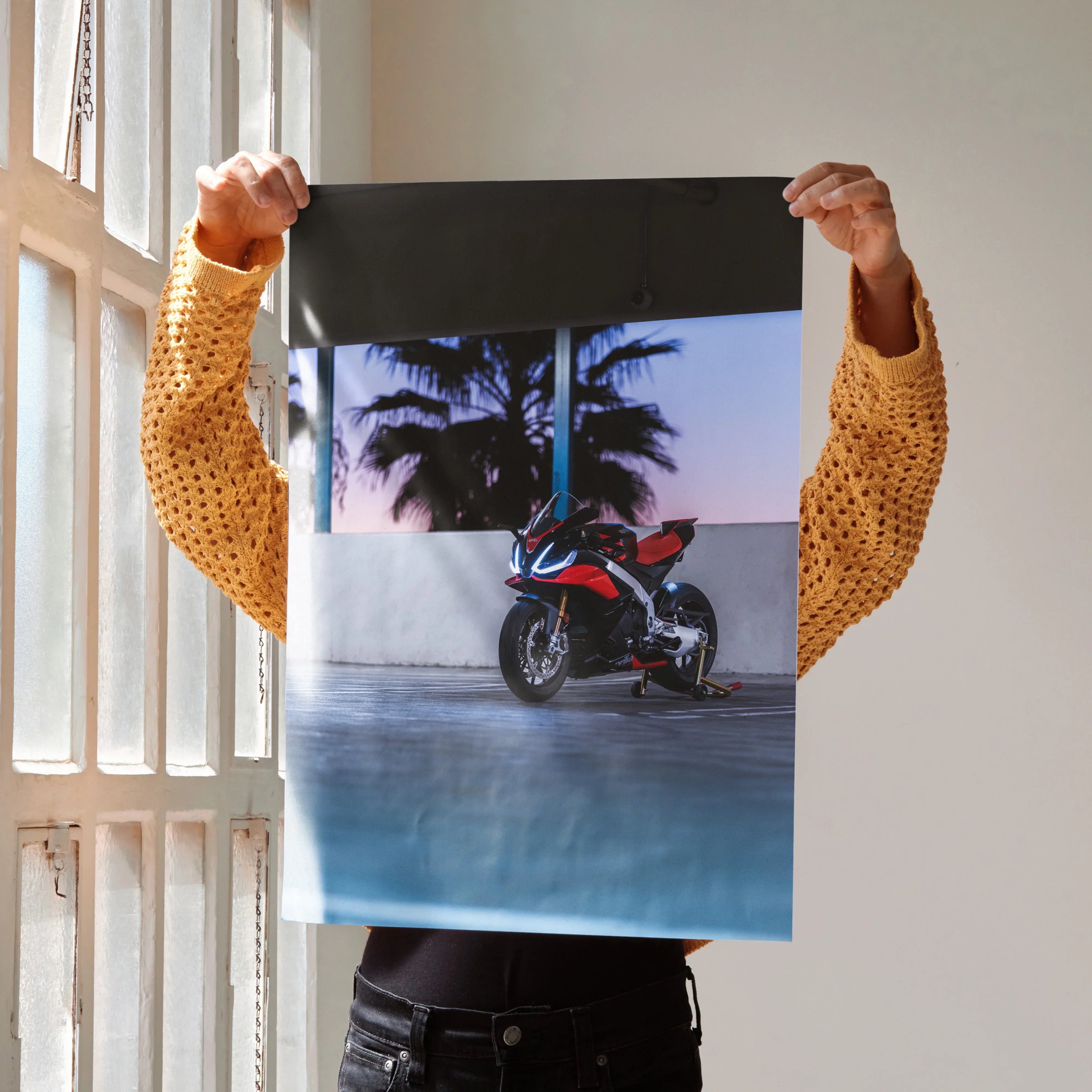 Aprilia RSV4 1100 Factory motorcycle poster with sunset and palm trees wall art.