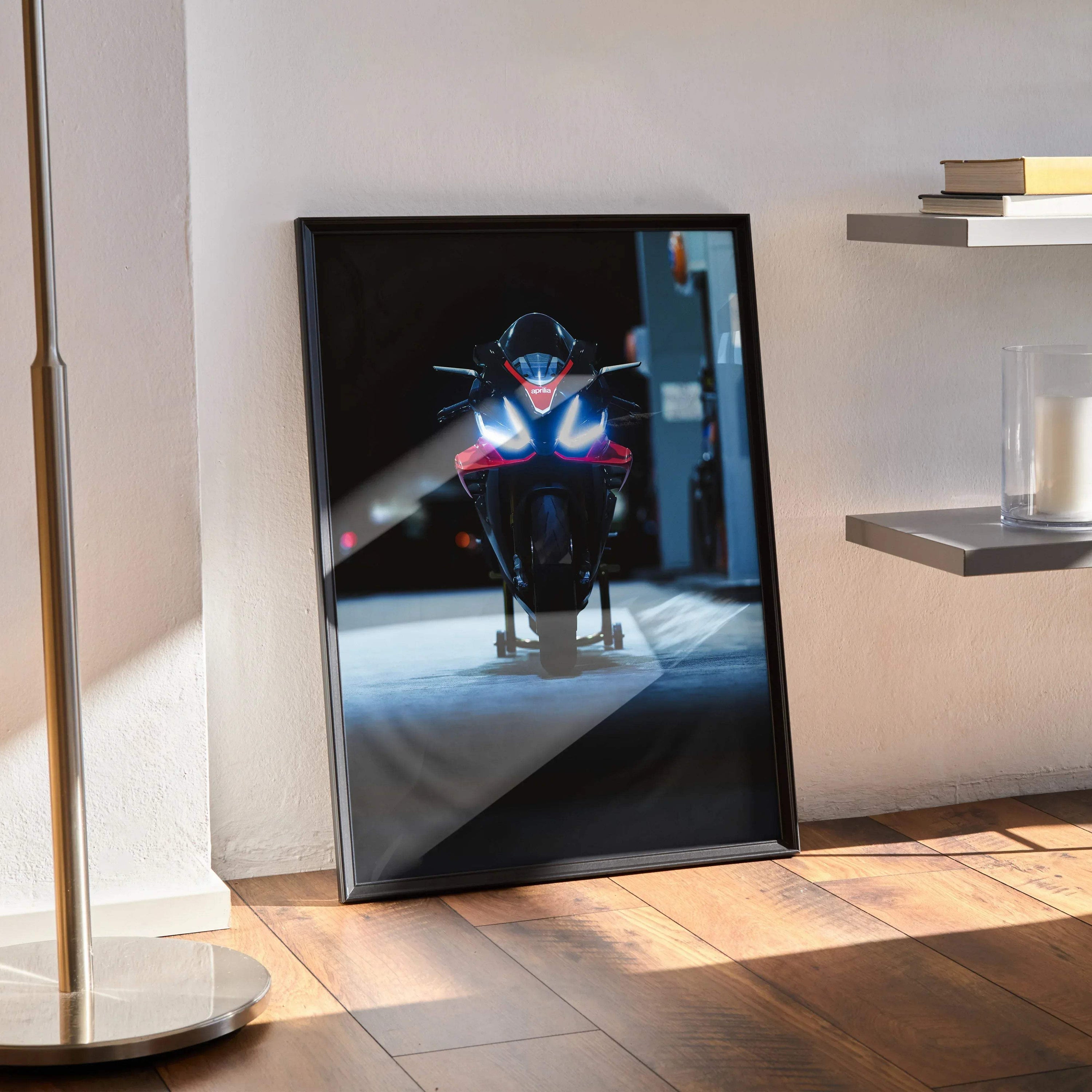 Aprilia RSV4 1100 Factory motorcycle art poster with dynamic front view, black frame wall art.