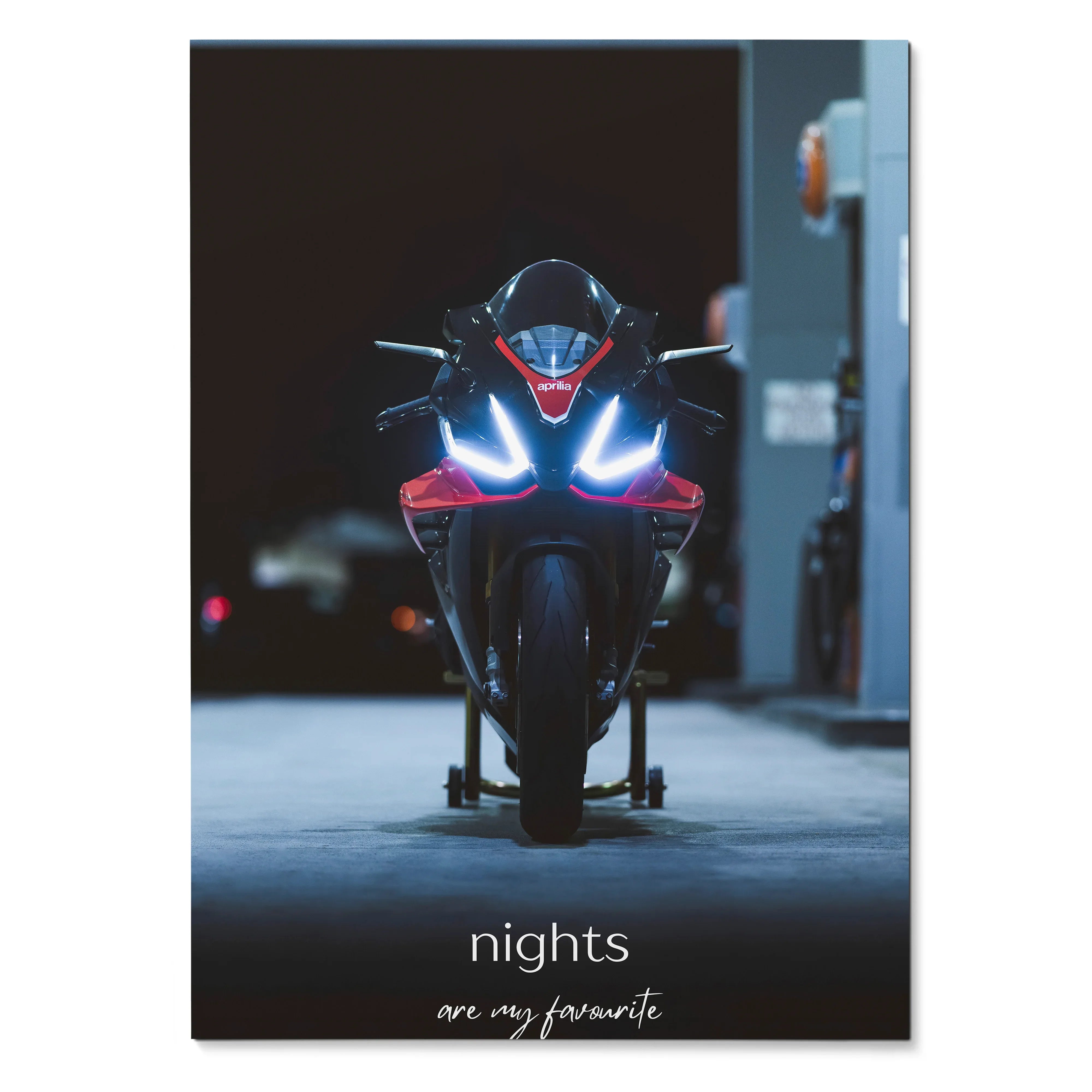 Aprilia RSV4 1100 Factory motorcycle poster with illuminated headlights at night, motivational wall art.