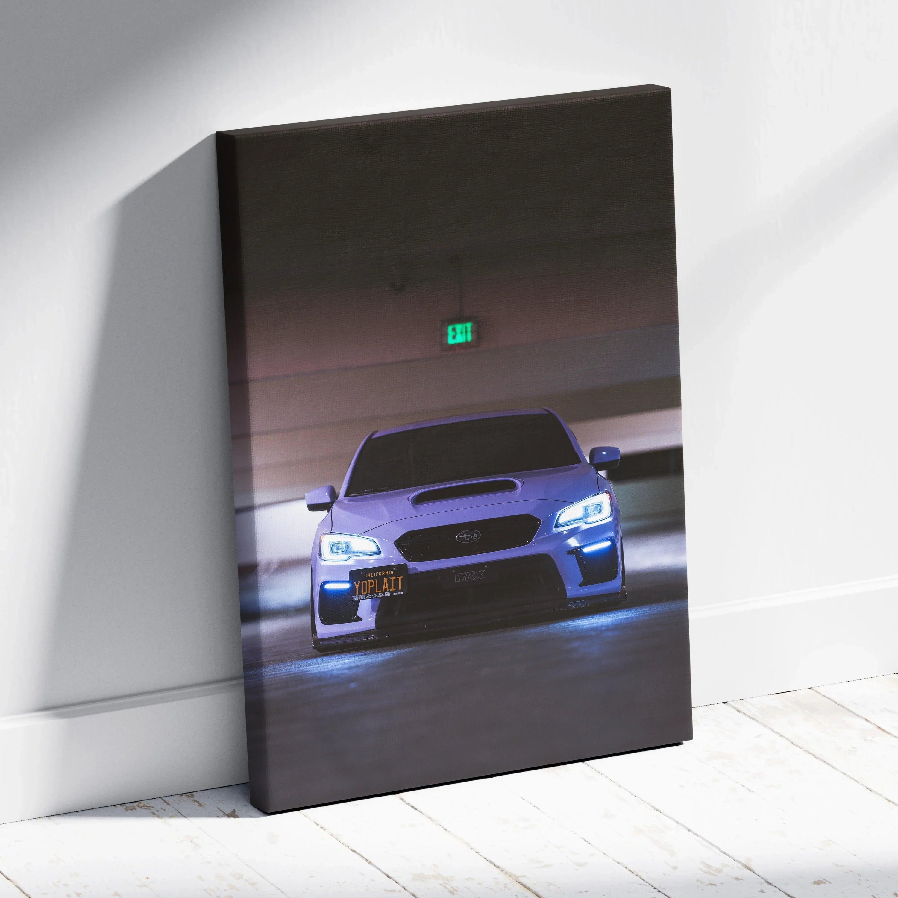 Subaru WRX front view canvas art with illuminated headlights, high-resolution wall art print.