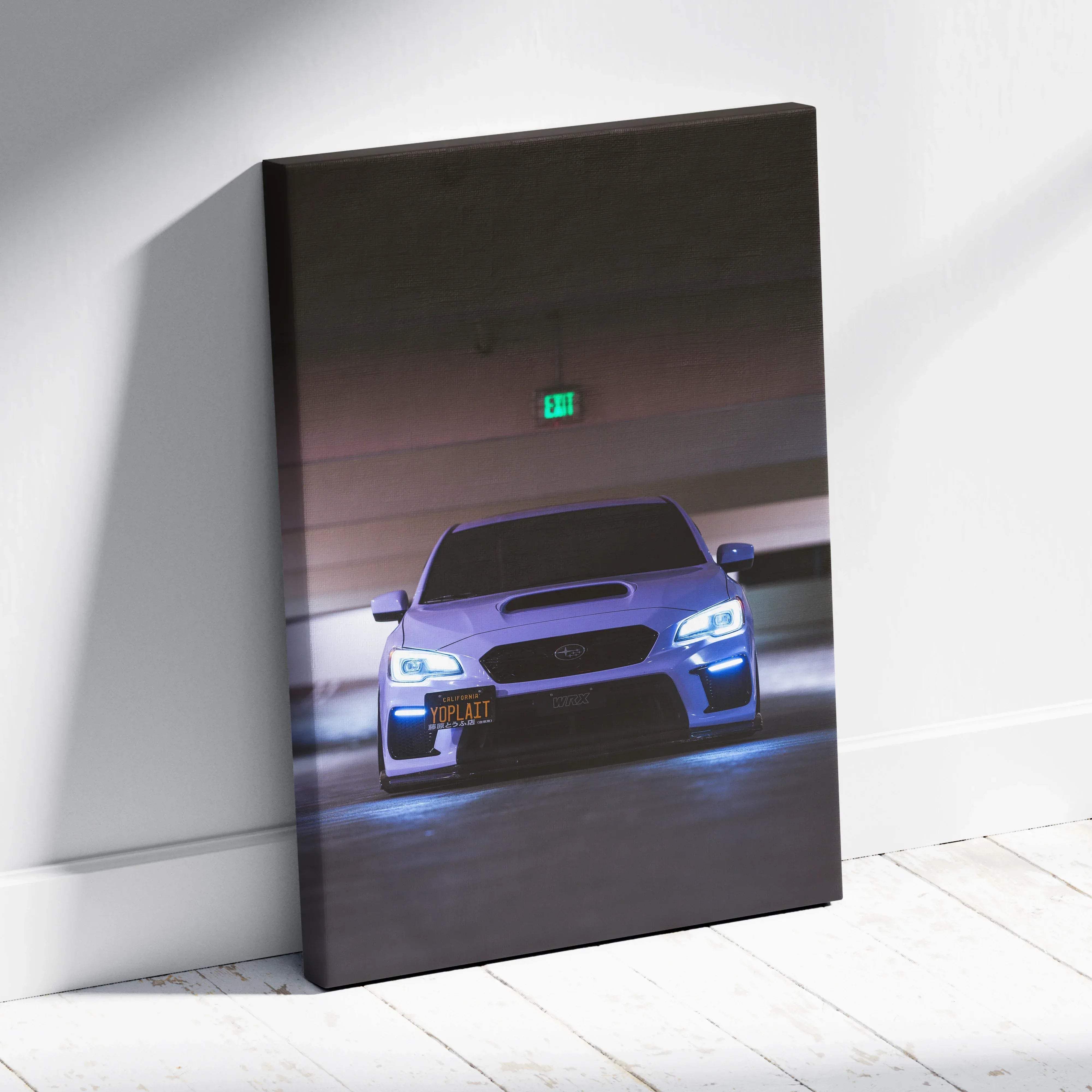 A sleek matte-finish vertical canvas wall art featuring a vibrant purple subaru wrx with glowing blue headlights