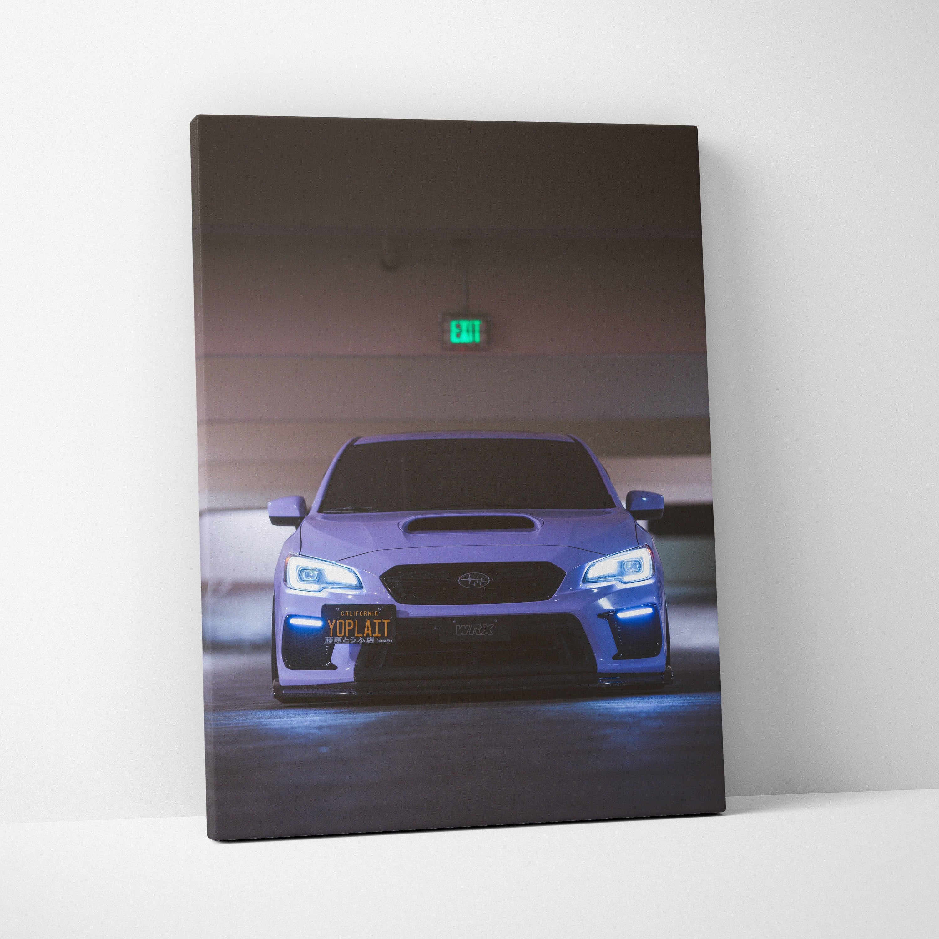 Subaru WRX front view high-resolution car canvas art with glowing headlights, vertical wall art.