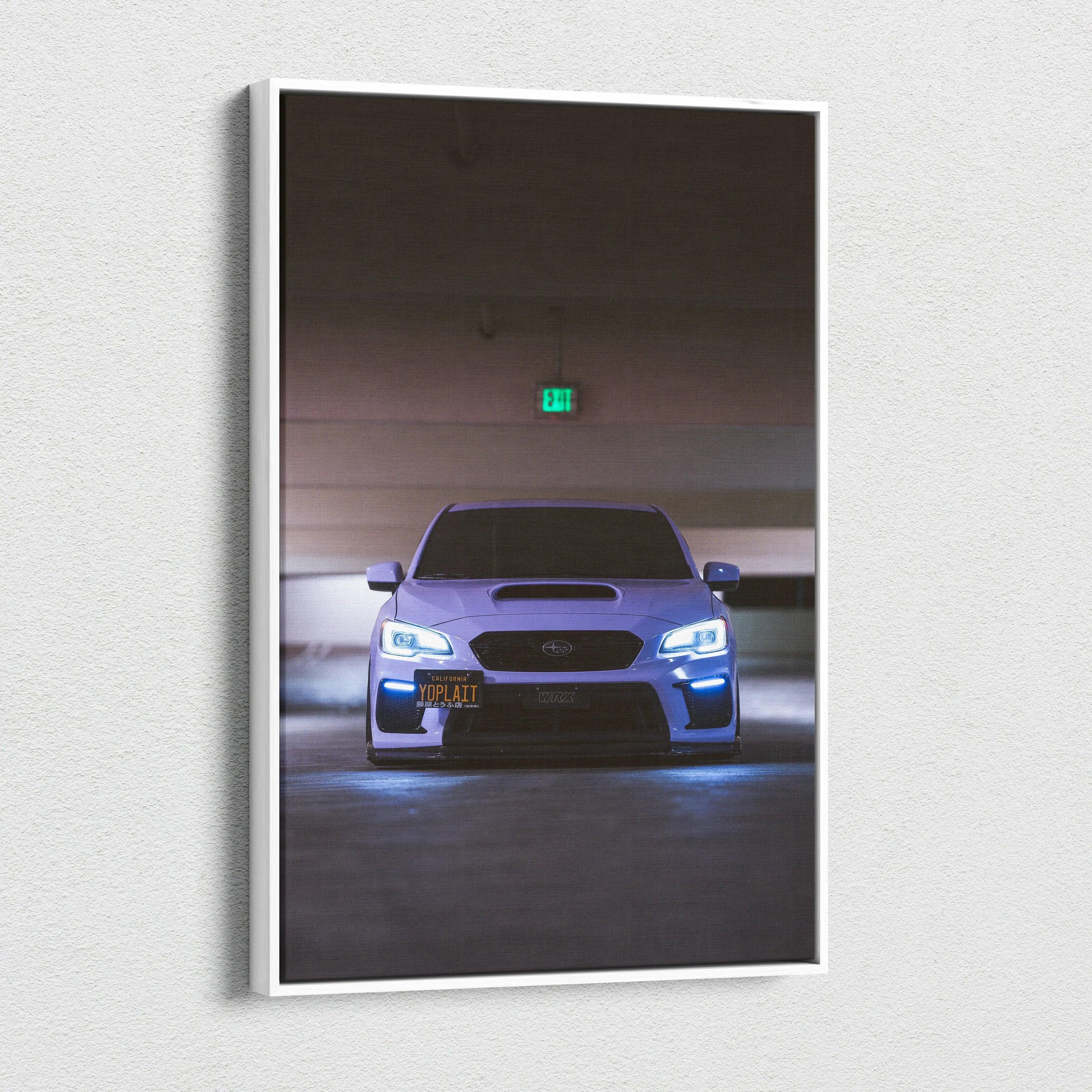 Subaru WRX front view with headlights on in dark garage vertical canvas wall art.