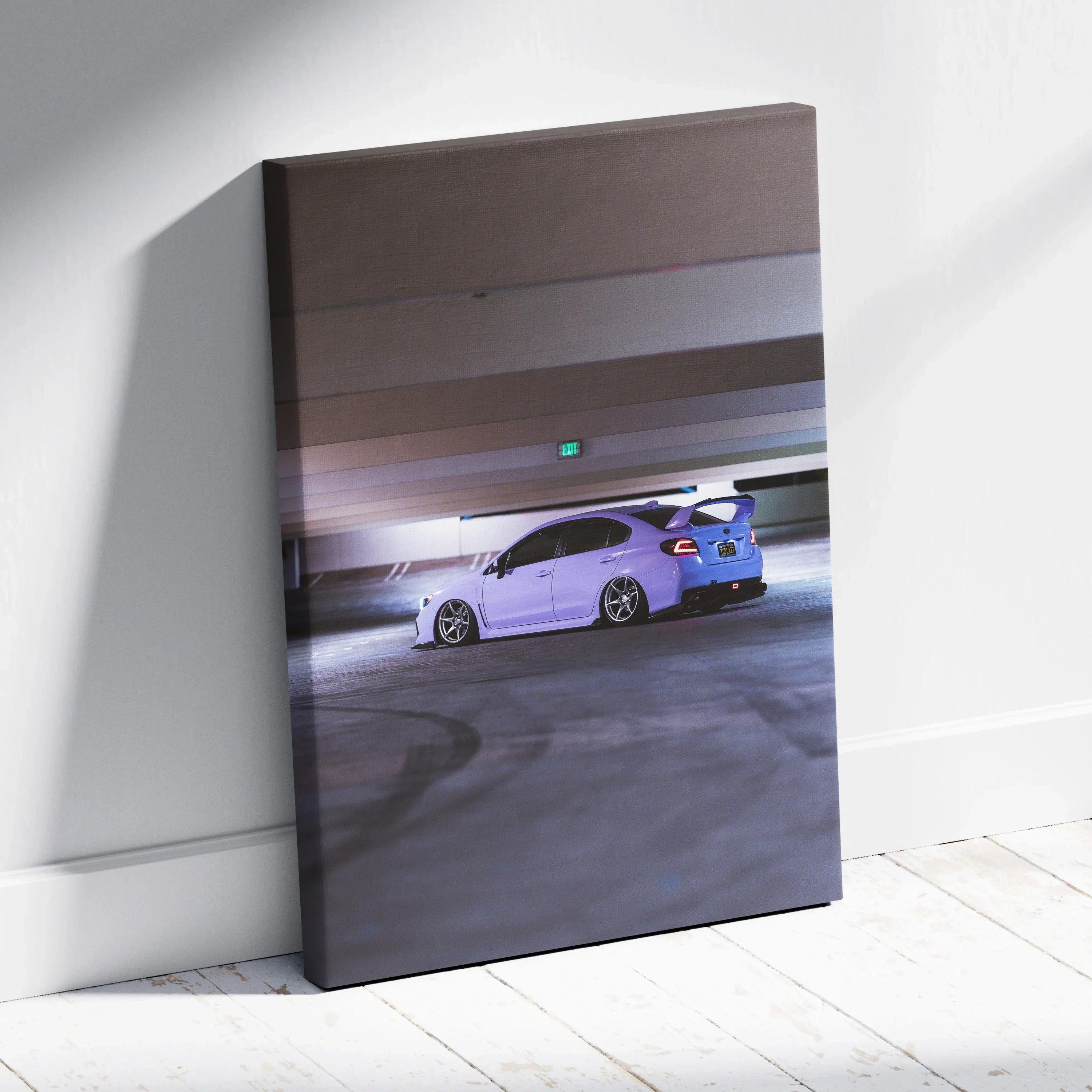 Vertical canvas art featuring a white Subaru WRX in a shadowed parking garage, modern wall art print.