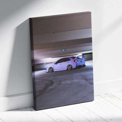 Vertical canvas art featuring a white Subaru WRX in a shadowed parking garage, modern wall art print.