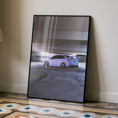 Subaru WRX poster wall art print with white car and light trails in a parking garage.