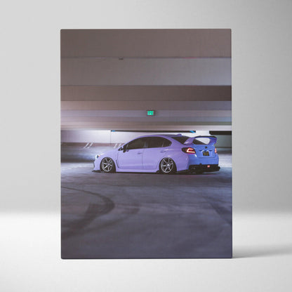 Subaru WRX blue sports car parked in a garage vertical canvas wall art print.